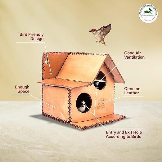 Sparrow Daughter Bird House – Original Leather, Hanging Nest Box for Balcony & Garden, Perfect for Sparrows, Lovebirds & Hummingbirds. Includes 50g Nesting Material Free!