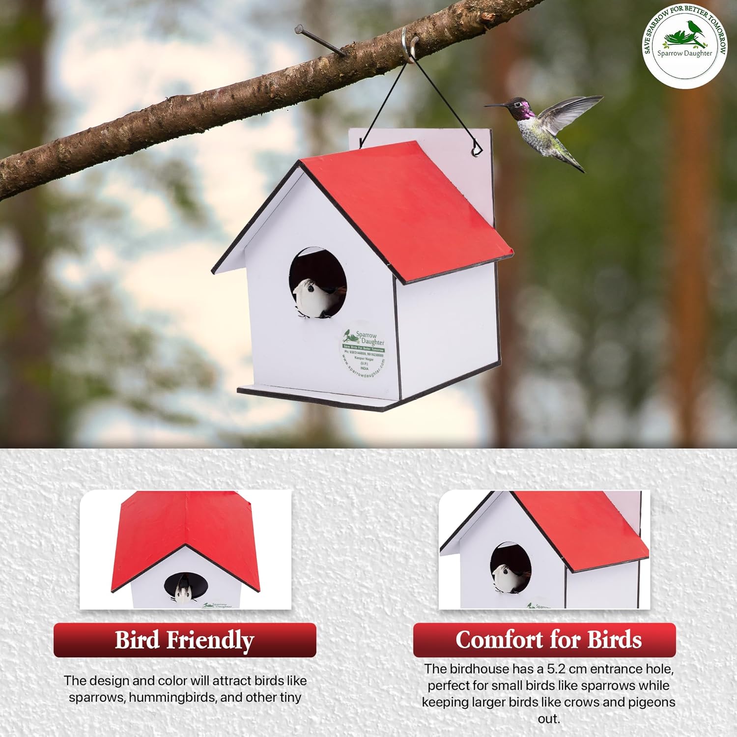 Sparrow Daughter Hut Shape MDF Bird House for House Sparrow, Love Birds, Wooden Bird Nest for Balcony & Garden Hanging, Small (Set of 2)