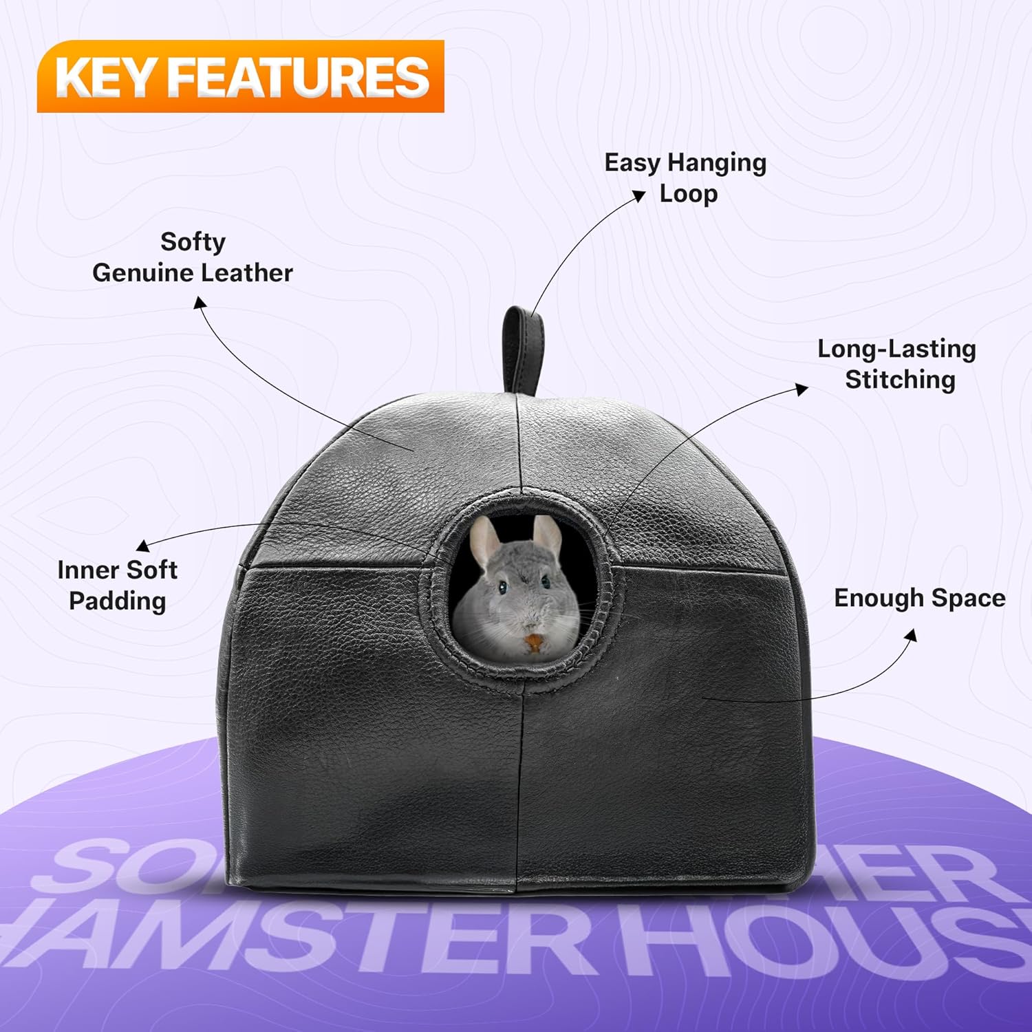 Handcrafted Soft Leather Hamster House with Cozy Mat – Indoor/Outdoor Small Animal Cage for Hamsters, Chinchillas,mice, Squirrel & Suger Glider (Black,1 pc)