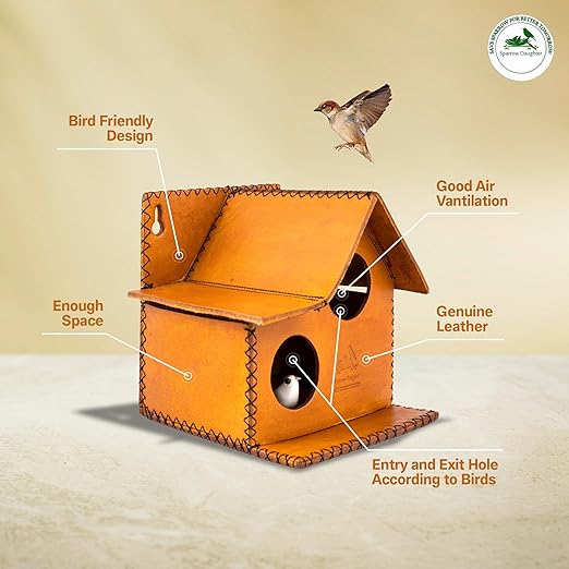 Sparrow Daughter Bird House – Original Leather, Hanging Nest Box for Balcony & Garden, Perfect for Sparrows, Lovebirds & Hummingbirds. Includes 50g Nesting Material Free!