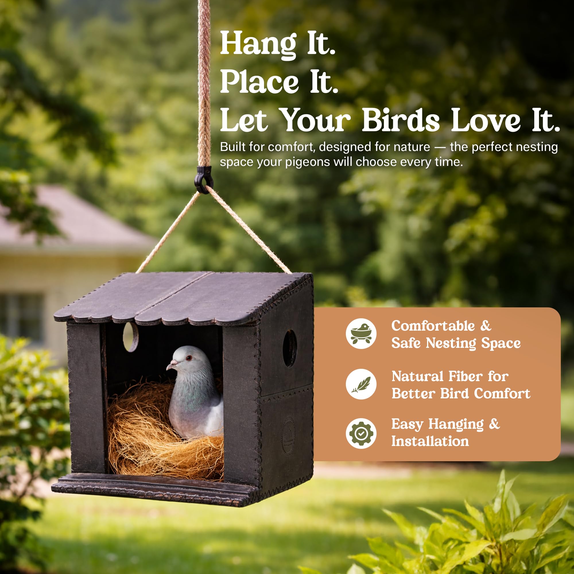 Handcrafted Leather Pigeon Bird House, with Natural Coir Nesting Material, Outdoor Doves Breeding Shelter Nest Box for Small Birds (7x7x6 Inch), Black