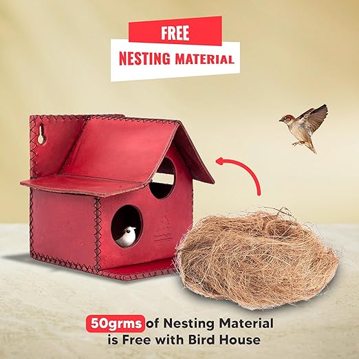 Sparrow Daughter Bird House – Original Leather, Hanging Nest Box for Balcony & Garden, Perfect for Sparrows, Lovebirds & Hummingbirds. Includes 50g Nesting Material Free!