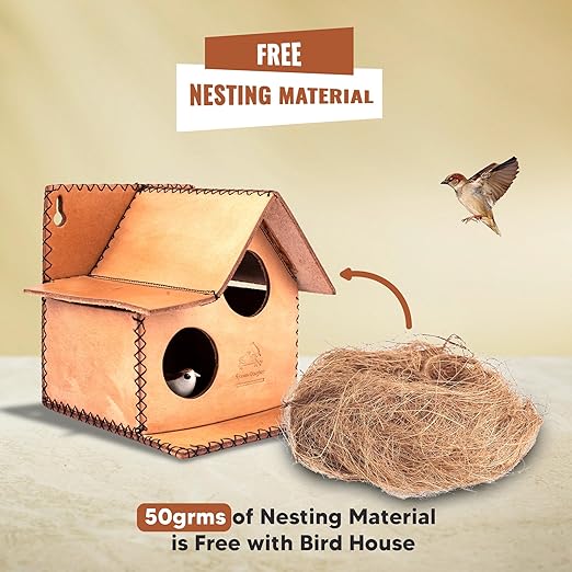 Sparrow Daughter Bird House – Original Leather, Hanging Nest Box for Balcony & Garden, Perfect for Sparrows, Lovebirds & Hummingbirds. Includes 50g Nesting Material Free!