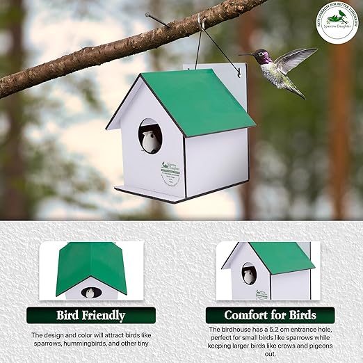 Sparrow Daughter Hut Shape MDF Bird House for House Sparrow, Love Birds, Wooden Bird Nest for Balcony & Garden Hanging, Small (Set of 2)